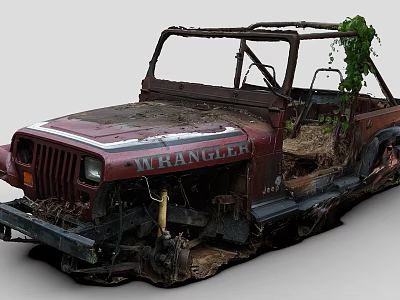 Rusted Jeep Wrangler Abandoned Vehicle With Overgrown Vines And Damaged Body 3d model
