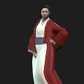 Classical Woman With Traditional Hairstyle In Red Coat And White Inner Garment With Floral Patterns