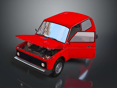 Red Small Car With Open Hood And Doors Showing Engine Interior 3d model