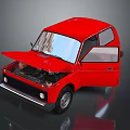 Red Small Car With Open Hood And Doors Showing Engine Interior 3d model