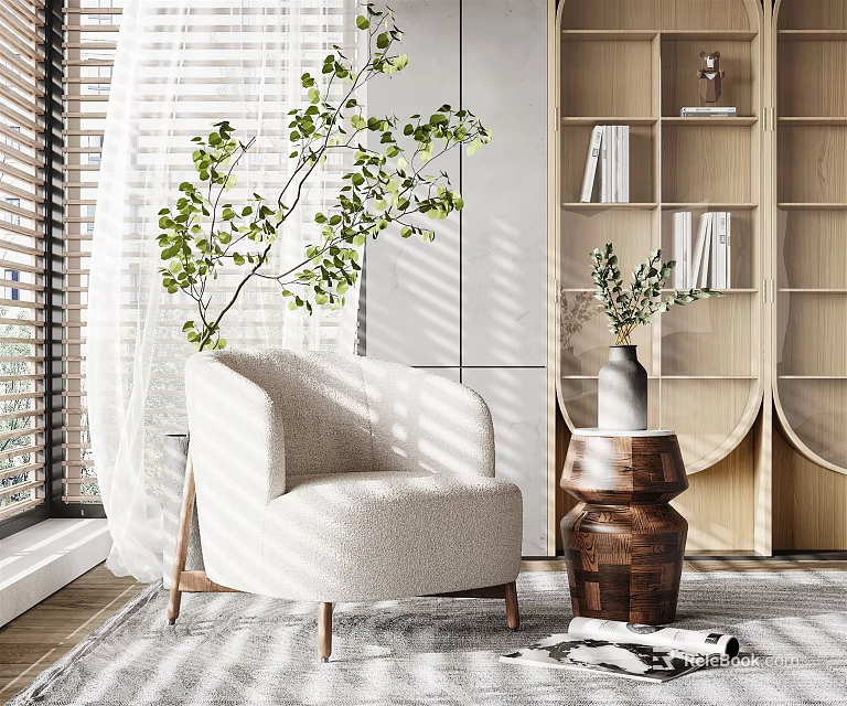 Beige Upholstered Armchair With Wooden Legs In Natural Light Near Green Plants And Wooden Shelves 3d model 