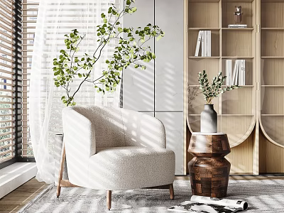 Beige Upholstered Armchair With Wooden Legs In Natural Light Near Green Plants And Wooden Shelves 3d model