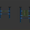 Two Outdoor Benches With Green Wooden Planks Blue Metal Frames And Black Support Blocks