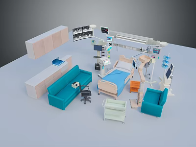 Modern Hospital Room Interior With Medical Bed Equipment And Blue Sofa Cabinets 3d model