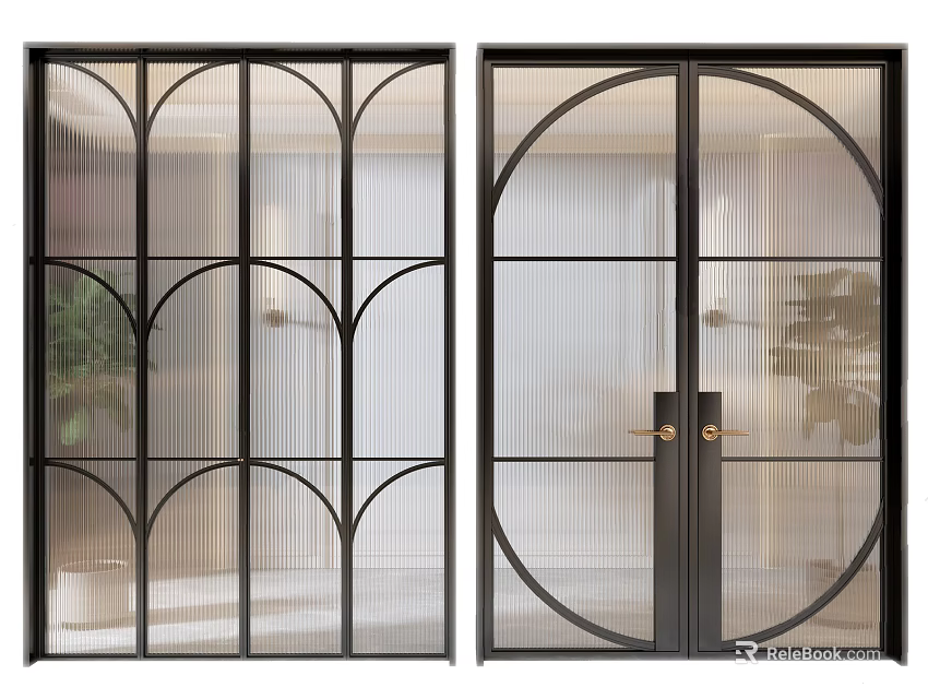 Modern Black Framed Sliding Doors Featuring Arched Glass Vertical Stripes And Indoor Plants 3d model 