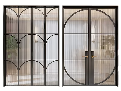 Modern Black Framed Sliding Doors Featuring Arched Glass Vertical Stripes And Indoor Plants 3d model
