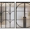 Modern Black Framed Sliding Doors Featuring Arched Glass Vertical Stripes And Indoor Plants