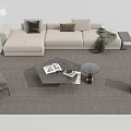Modern Sofa And Coffee Table Set With Dark Pillows And Magazines On Gray Rug 3d model