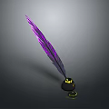 Elegant Purple Feather Quill Pen With Black Inkwell On Dark Background