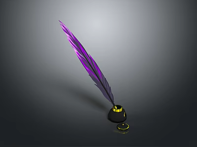 Elegant Purple Feather Quill Pen With Black Inkwell On Dark Background 3d model