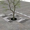 Tree Pit with Circular Grate and Stone Benches in Paved Urban Area