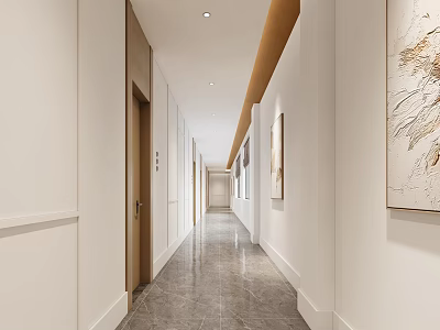 Modern Elevator Hallway Design With Long Corridor White Walls Marble Floor And Decorative Artworks 3d model
