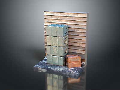 Household Storage Boxes Stacked With Green And Brown Containers Near Wooden Slat Wall 3d model