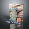 Household Storage Boxes Stacked With Green And Brown Containers Near Wooden Slat Wall