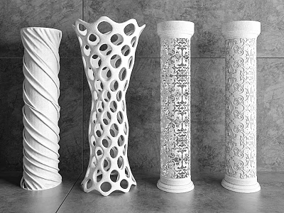 Various Designed White Columns With Twisted Hollow And Carved Patterns In Interior 3d model