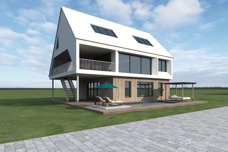 Modern Vacation Home Building With White Roof Balcony Large Windows Lawn And Swimming Pool 3d model 