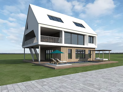 Modern Vacation Home Building With White Roof Balcony Large Windows Lawn And Swimming Pool 3d model