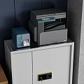 White Storage Cabinet in Office Space With Printer Small Devices Desk Computer and Chair 3d model