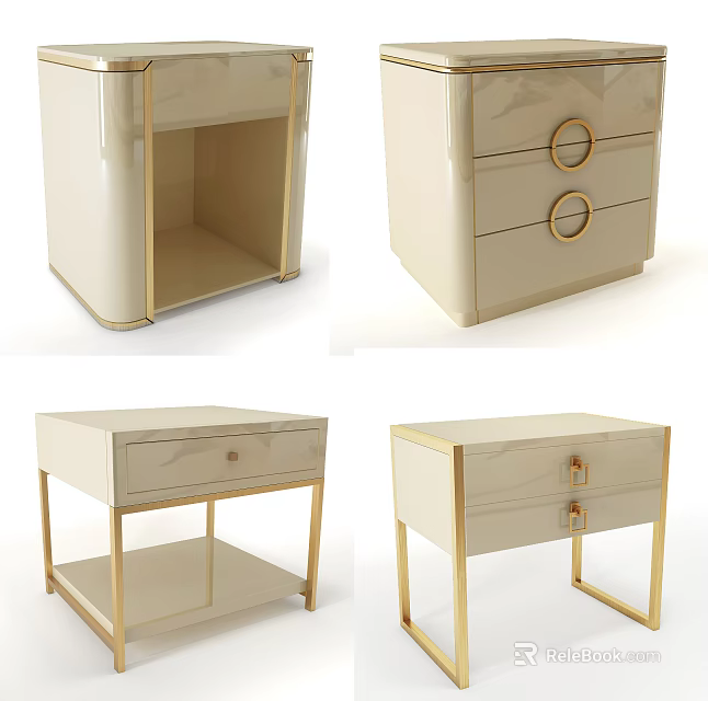 Elegant Modern Nightstand With Gold Metal Frame Marble Top And Drawers 3d model 