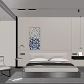 Modern Bedroom Interior Design With Platform Bed Geometric Artwork Window Blinds And Green Plant