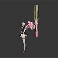 3D Game Character in Maid Outfit with Blonde Hair Pink Accents and Large Mechanical Weapon