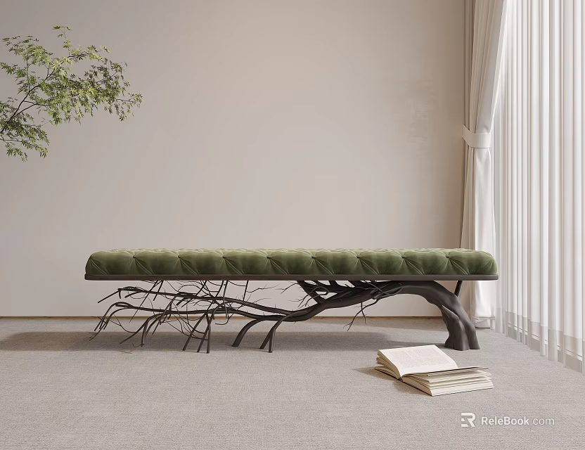 Green Padded Bar Stool With Branch Like Base In Modern Indoor Setting 3d model