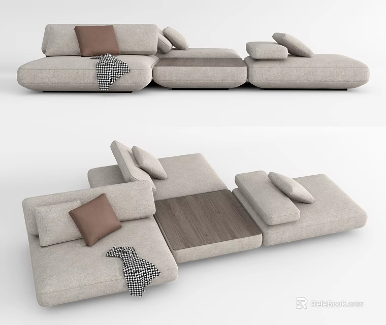 Light Beige Fabric Modular Sofa Set With Brown Cushions And Checkered Throw Blanket 3d model