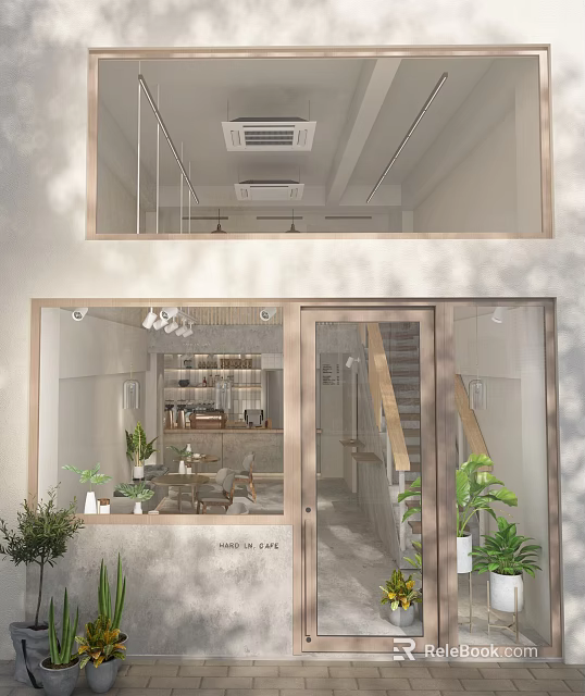 Modern Storefront Facade With Glass Door Windows Green Plants Wooden Frame And Interior Staircase 3d model 