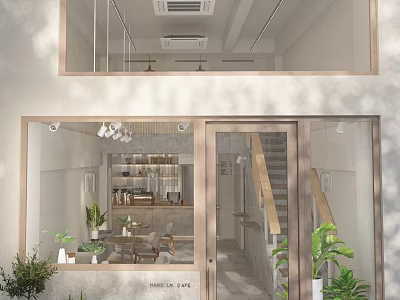 Modern Storefront Facade With Glass Door Windows Green Plants Wooden Frame And Interior Staircase 3d model