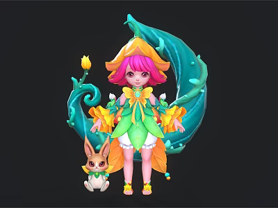 Cute Fantasy Game Movie Character With Pink Hair Green Yellow Outfit And Rabbit Companion 3d model
