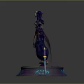 3D Character Creature with Horns Purple Blue Attire Standing on Decorative Pedestal Near Blue Sword