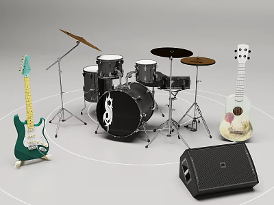 Musical Instruments Collection With Drum Set Guitars Cymbals And Speaker 3d model
