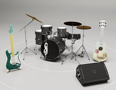 Musical Instruments Collection With Drum Set Guitars Cymbals And Speaker 3d model