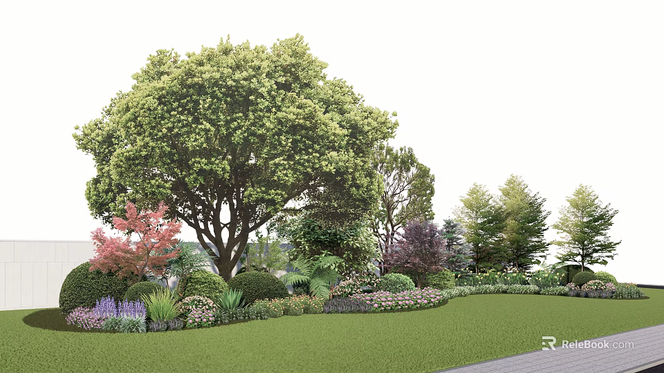 Beautiful Flowers and Plants in Lush Garden with Tall Trees Colorful Shrubs and Green Lawn 3d model 