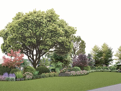 Beautiful Flowers and Plants in Lush Garden with Tall Trees Colorful Shrubs and Green Lawn 3d model