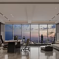 Modern Office Interior With Large Windows City Skyline Wooden Desk Ergonomic Chairs And Sofa Area