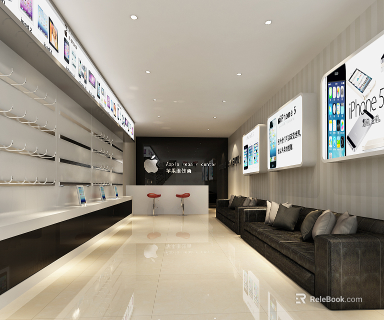 Modern Digital Store Interior With Electronics Display Shelves And Customer Lounge Area 3d model 