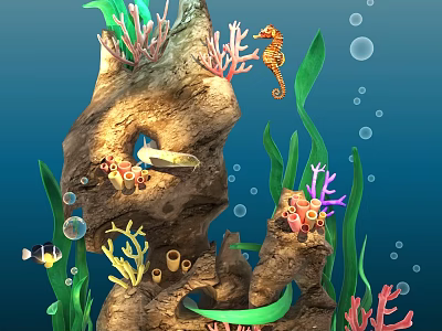 Cartoon Underwater Scene With Rock Formation Colorful Coral Green Seaweed Seahorse Small Fish And Bubbles 3d model