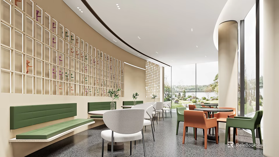 Modern Bright Sales Office Interior With Curved Walls Grid Decor Green Benches White Orange Chairs And Views 3d model 