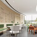 Modern Bright Sales Office Interior With Curved Walls Grid Decor Green Benches White Orange Chairs And Views