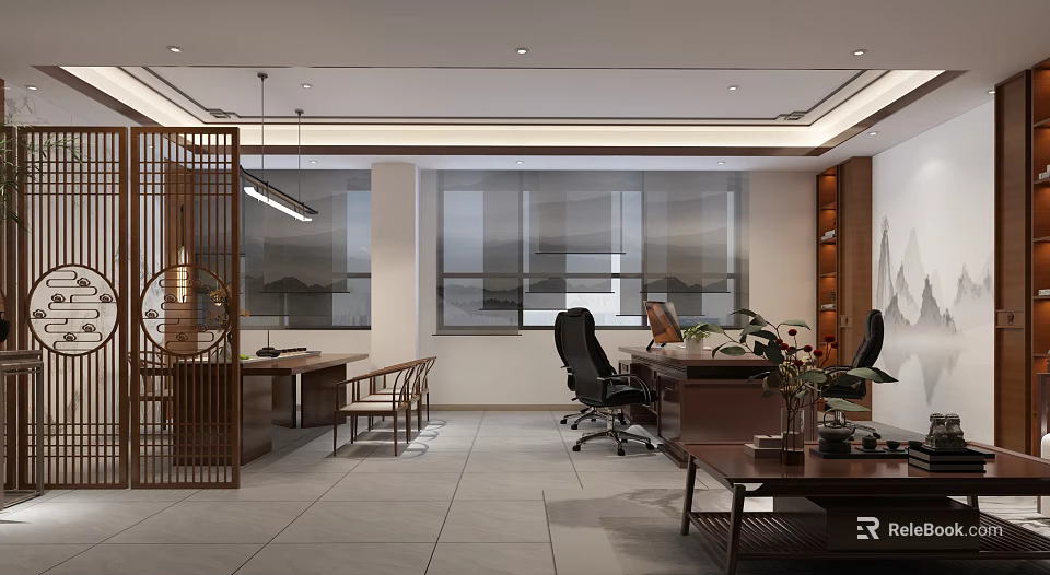 Modern Chinese Style Office Interior Design With Wooden Desk Ergonomic Chairs And Green Plants 3d model 
