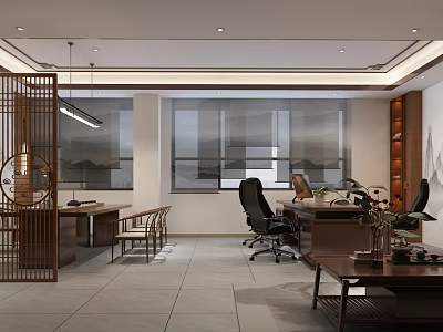 Modern Chinese Style Office Interior Design With Wooden Desk Ergonomic Chairs And Green Plants 3d model