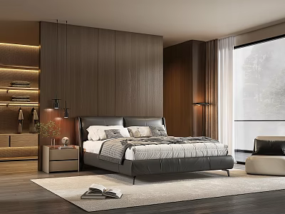 Modern Bedroom Interior With King Bed Wooden Wall Floor Lamp And Area Rug 3d model