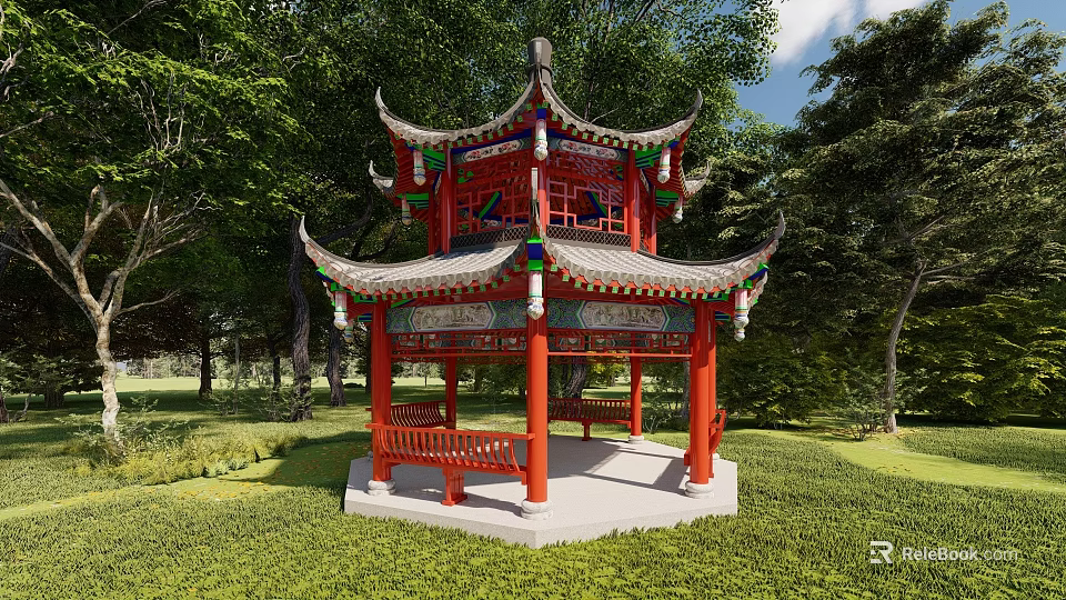 Chinese Traditional Red Pavilion With Overhanging Eaves Painted Decorations Wooden Benches On Green Lawn And Trees 3d model 