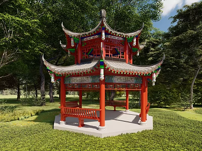 Chinese Traditional Red Pavilion With Overhanging Eaves Painted Decorations Wooden Benches On Green Lawn And Trees 3d model