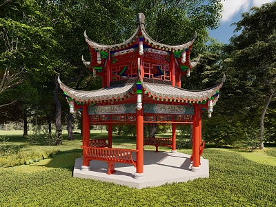 Octagonal double-layer small green tile ancient wooden structure pavilion with double eaves and pinnacle painted garden landscape gray tile two-layer ancient pavilion model