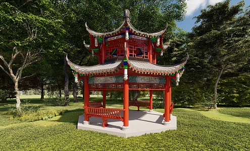 Octagonal double-layer small green tile ancient wooden structure pavilion with double eaves and pinnacle painted garden landscape gray tile two-layer ancient pavilion 3d model