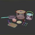 Essential Household Kitchen Items With Pots Frying Pan Knife Cutting Board And Utensils