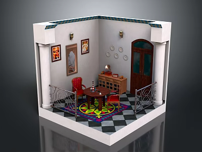 Charming Interior Scene With White Walls Decorative Paintings Red Chairs Wooden Cabinet And Checkered Floor 3d model