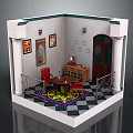 Charming Interior Scene With White Walls Decorative Paintings Red Chairs Wooden Cabinet And Checkered Floor